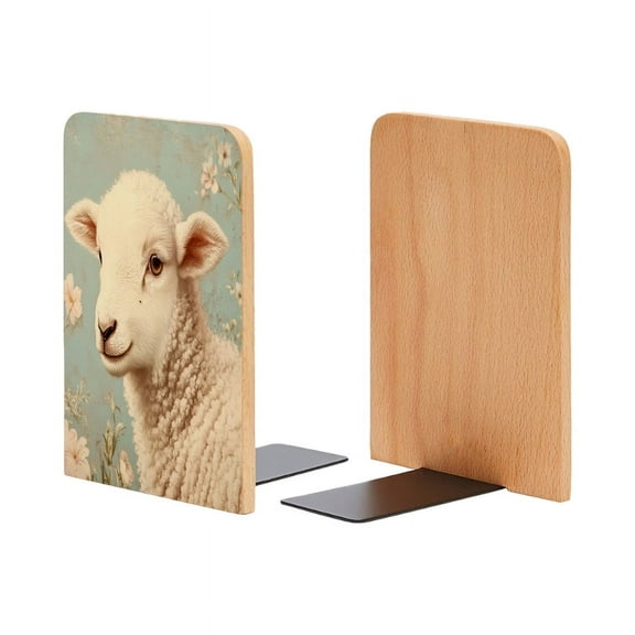 Bookends 1 Pair Non-Skid Bookend Wood Bookends for Shelves Book Stand for CDs - Adorable Baby Lamb With Soft Fur