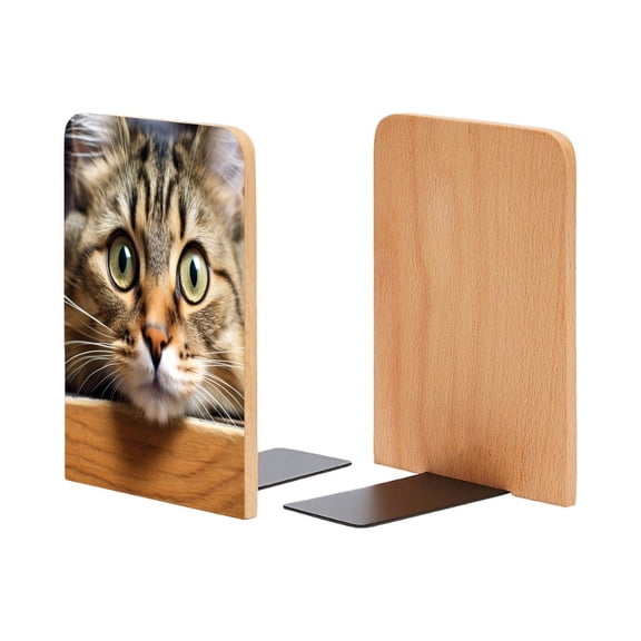 Bookends 1 Pair Non-Skid Bookend Wood Bookends for Shelves Book Stand for CDs - Adorable Cat'S Face Peering Over The Edge of Wooden Table