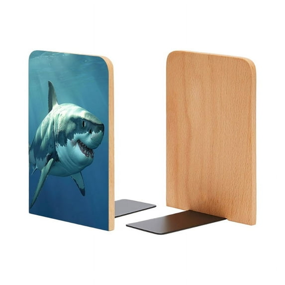 Bookends 1 Pair Non-Skid Bookend Wood Bookends for Shelves Book Stand for CDs - Angry Great White Shark in The Sea