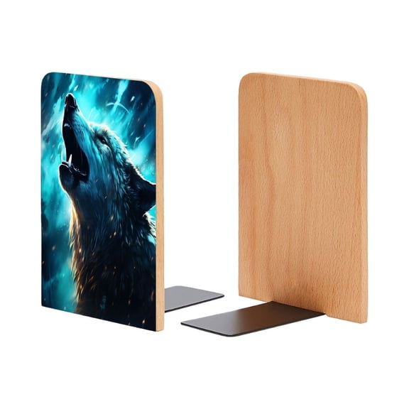 Bookends 1 Pair Non-Skid Bookend Wood Bookends for Shelves Book Stand for CDs - Angry Wolf Howling in The Night
