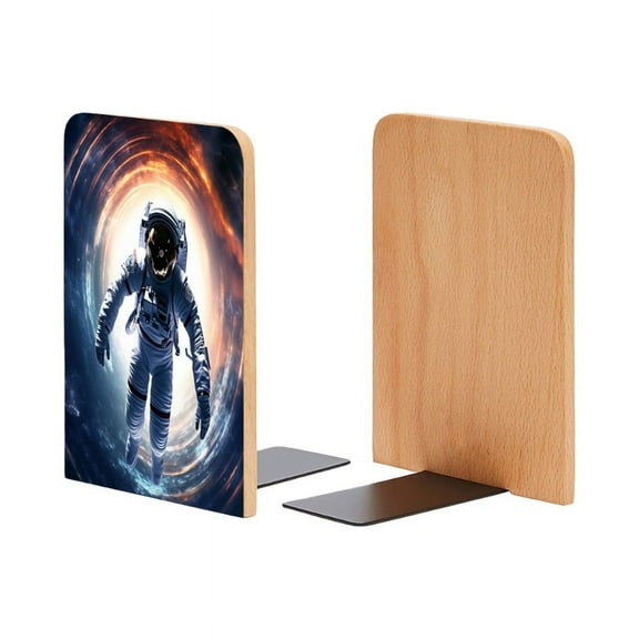 Bookends 1 Pair Non-Skid Bookend Wood Bookends for Shelves Book Stand for CDs - Astronaut in Space Suit Floating Through Wormhole