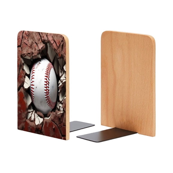 Bookends 1 Pair Non-Skid Bookend Wood Bookends for Shelves Book Stand for CDs - Baseball Ball in The Hole of Cracked Red Wall With Cracks