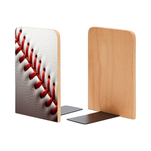 Bookends 1 Pair Non-Skid Bookend Wood Bookends for Shelves Book Stand for CDs - Baseball Stitching on White Leather