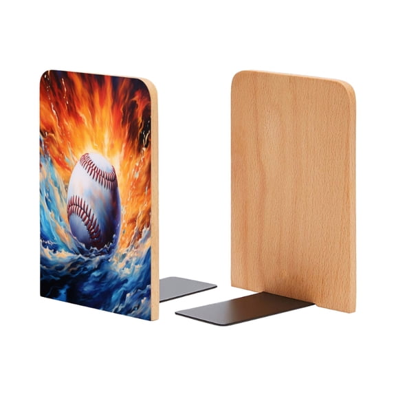 Bookends 1 Pair Non-Skid Bookend Wood Bookends for Shelves Book Stand for CDs - Baseball Surrounded By Swirling Water And Fire