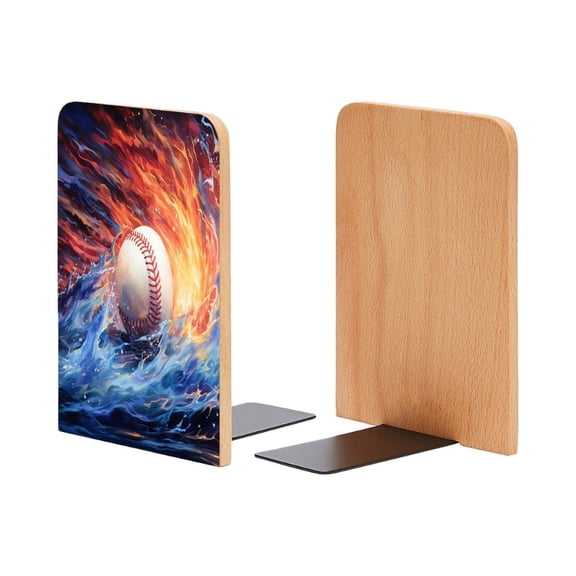 Bookends 1 Pair Non-Skid Bookend Wood Bookends for Shelves Book Stand for CDs - Baseball Surrounded By Swirling Water And Flames