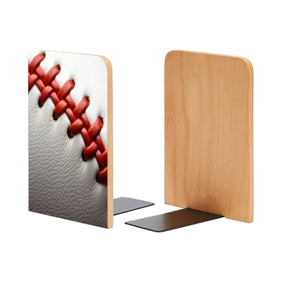 Bookends 1 Pair Non-Skid Bookend Wood Bookends for Shelves Book Stand for CDs - Baseball With Red Stitching
