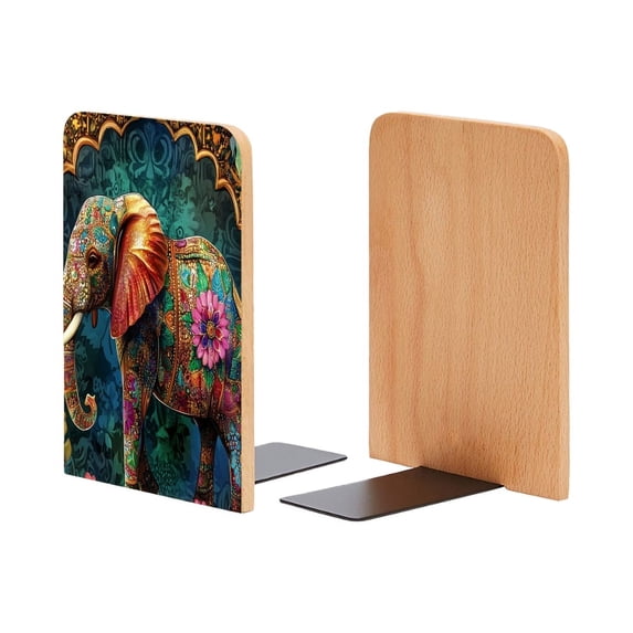 Bookends 1 Pair Non-Skid Bookend Wood Bookends for Shelves Book Stand for CDs - Beautiful Elephant With Colorful Patterns
