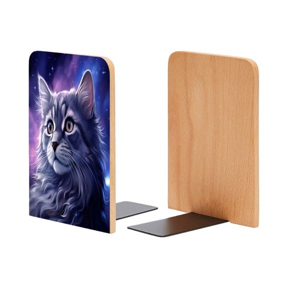 Bookends 1 Pair Non-Skid Bookend Wood Bookends for Shelves Book Stand for CDs - Beautiful Gray Cat With Long Fur Gazing At The Stars