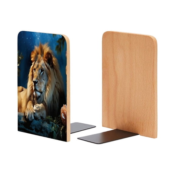 Bookends 1 Pair Non-Skid Bookend Wood Bookends for Shelves Book Stand for CDs - Beautiful Lion Resting in The Night Surrounded By Beautiful Roses