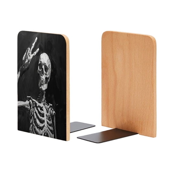 Bookends 1 Pair Non-Skid Bookend Wood Bookends for Shelves Book Stand for CDs - Black And White Painting of Skeleton Making Rock Sign