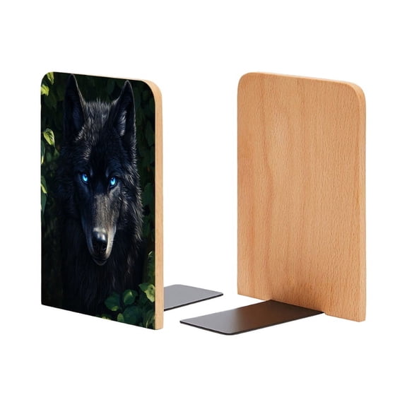 Bookends 1 Pair Non-Skid Bookend Wood Bookends for Shelves Book Stand for CDs - Black Wolf With Blue Eyes in The Style of Fantasy Art
