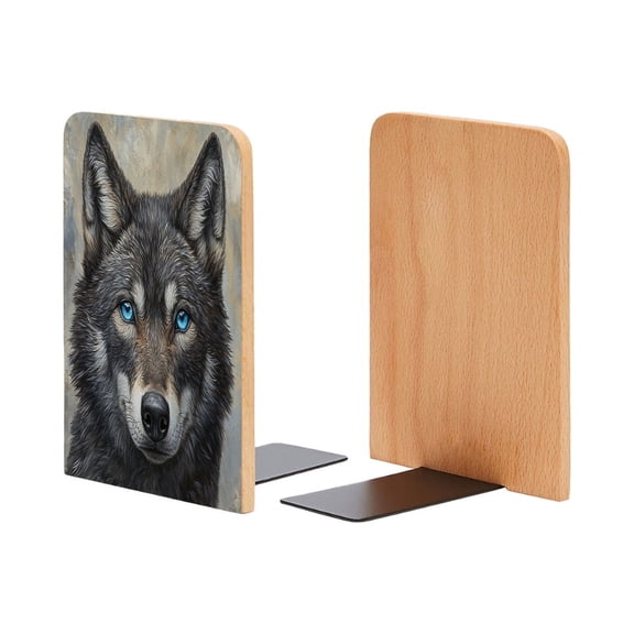 Bookends 1 Pair Non-Skid Bookend Wood Bookends for Shelves Book Stand for CDs - Black Wolf With Blue Eyes