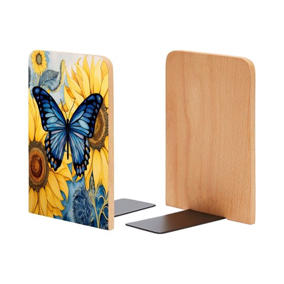 Bookends 1 Pair Non-Skid Bookend Wood Bookends for Shelves Book Stand for CDs - Blue Butterfly Is Resting on The Center Sunflower