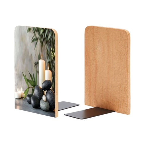 Bookends 1 Pair Non-Skid Bookend Wood Bookends for Shelves Book Stand for CDs - Candles And Rocks on Table With Plant