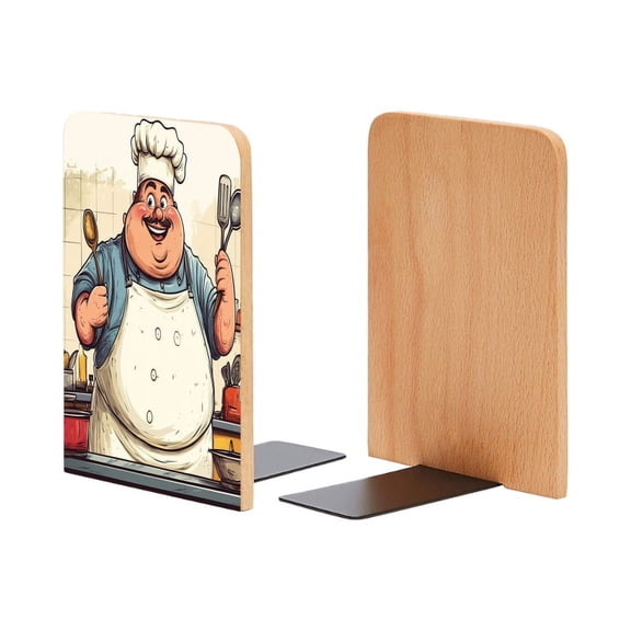 Bookends 1 Pair Non-Skid Bookend Wood Bookends for Shelves Book Stand for CDs - Cartoon Fat Chef Character Holding Kitchen Utensils