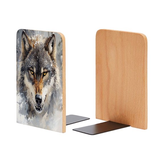 Bookends 1 Pair Non-Skid Bookend Wood Bookends for Shelves Book Stand for CDs - Close-Up of The Face of Angry Wolf