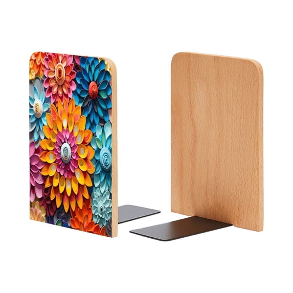Bookends 1 Pair Non-Skid Bookend Wood Bookends for Shelves Book Stand for CDs - Colorful Paper Quilled Flowers in Various Sizes And Shapes