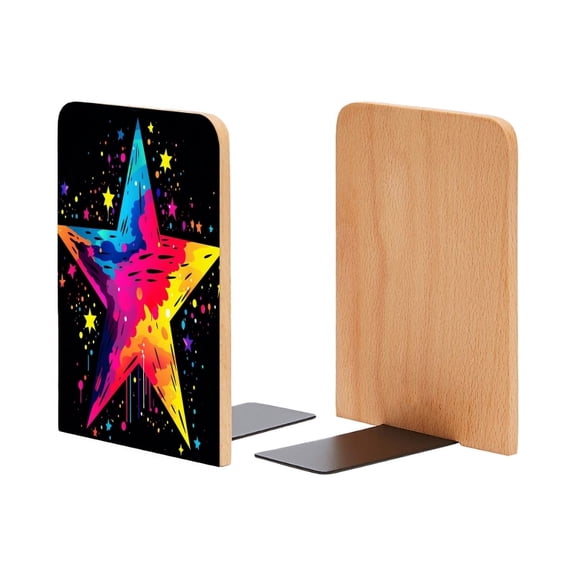 Bookends 1 Pair Non-Skid Bookend Wood Bookends for Shelves Book Stand for CDs - Colorful Vector Illustration of Vibrant Star on Black Background