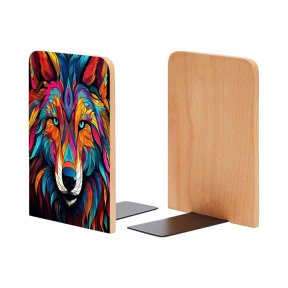 Bookends 1 Pair Non-Skid Bookend Wood Bookends for Shelves Book Stand for CDs - Colorful Wolf Face With Vector Illustration