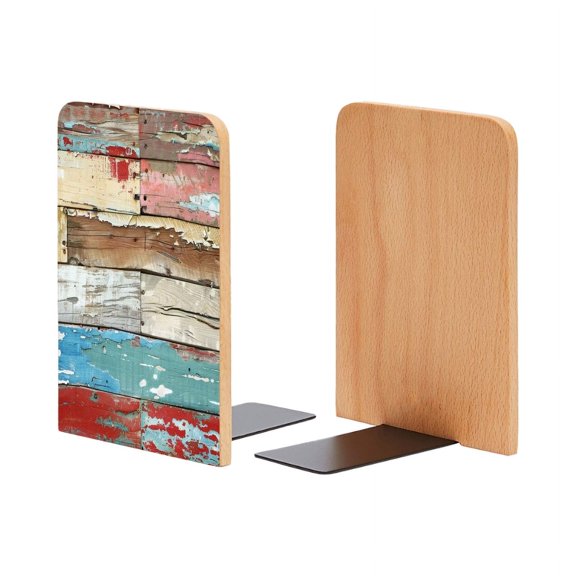 Bookends 1 Pair Non-Skid Bookend Wood Bookends for Shelves Book Stand for CDs - Colorful Wooden Planks With Weathered Paint