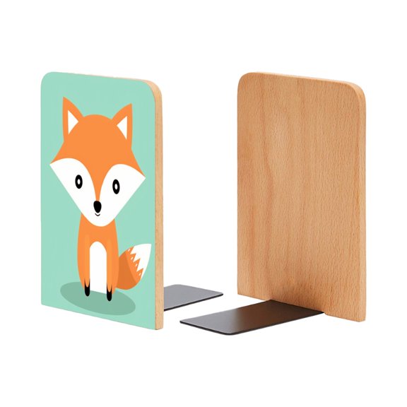 Bookends 1 Pair Non-Skid Bookend Wood Bookends for Shelves Book Stand for CDs - Cute Flat Vector Fox Character Illustration on A Pastel Background