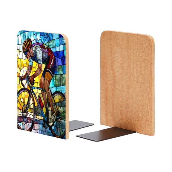Bookends 1 Pair Non-Skid Bookend Wood Bookends for Shelves Book Stand for CDs - Cyclist Riding Road Bike in Race