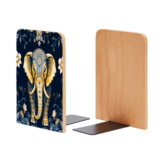Bookends 1 Pair Non-Skid Bookend Wood Bookends for Shelves Book Stand for CDs - Dark Blue Background With Elephant in The Center