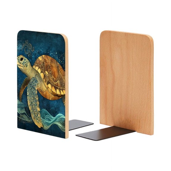 Bookends 1 Pair Non-Skid Bookend Wood Bookends for Shelves Book Stand for CDs - Detailed Illustration of Ancient Sea Turtle
