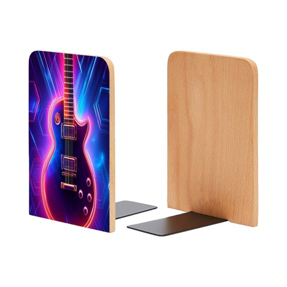 Bookends 1 Pair Non-Skid Bookend Wood Bookends for Shelves Book Stand for CDs - Electric Guitar With Energy Grid Background