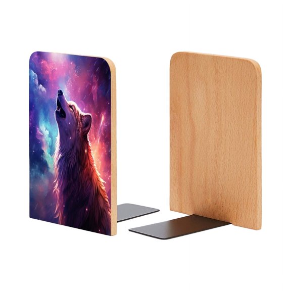 Bookends 1 Pair Non-Skid Bookend Wood Bookends for Shelves Book Stand for CDs - Epic Wolf Howling in The Sky Galaxy