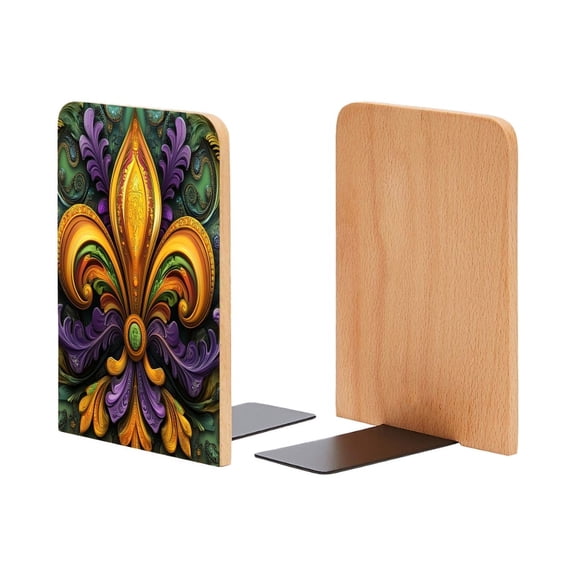 Bookends 1 Pair Non-Skid Bookend Wood Bookends for Shelves Book Stand for CDs - Fleur-De-Lis in The Colors of Green