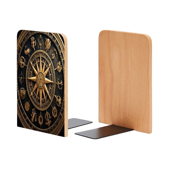 Bookends 1 Pair Non-Skid Bookend Wood Bookends for Shelves Book Stand for CDs - Illustration of The Zodiac Signs on Ancient Compass