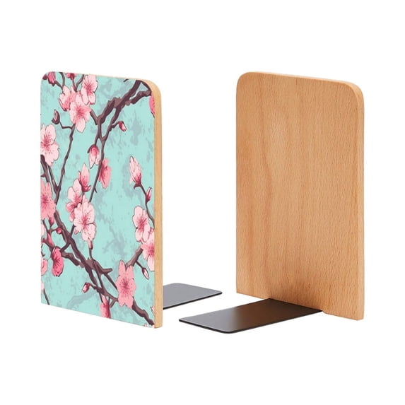 Bookends 1 Pair Non-Skid Bookend Wood Bookends for Shelves Book Stand for CDs - Japanese Spring Cherry Blossom