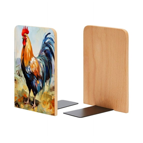 Bookends 1 Pair Non-Skid Bookend Wood Bookends for Shelves Book Stand for CDs - Large Brightly Colored Rooster Was Standing in The Field