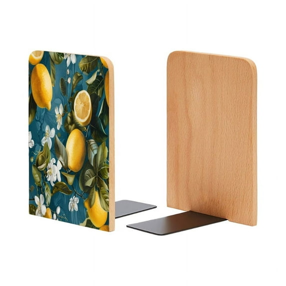 Bookends 1 Pair Non-Skid Bookend Wood Bookends for Shelves Book Stand for CDs - Lemon Print Pattern on Dark Blue Background