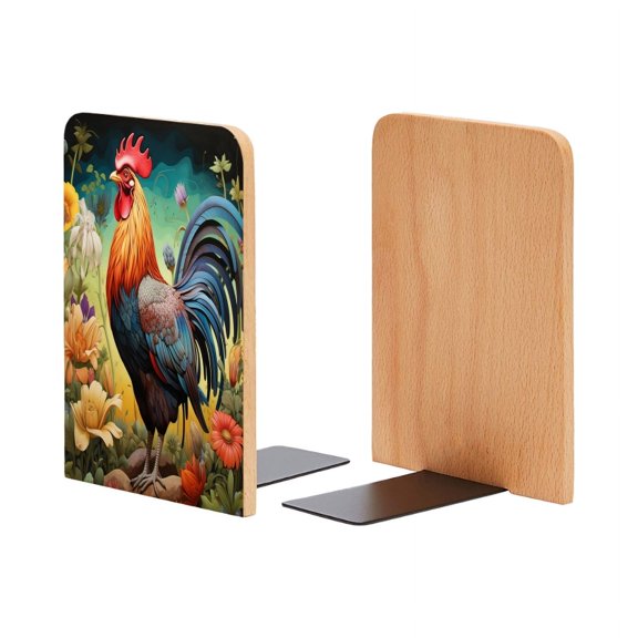 Bookends 1 Pair Non-Skid Bookend Wood Bookends for Shelves Book Stand for CDs - Majestic Rooster With Vibrant Feathers