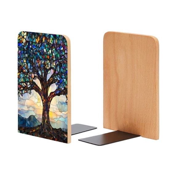 Bookends 1 Pair Non-Skid Bookend Wood Bookends for Shelves Book Stand for CDs - Majestic Tree With Vibrant Leaves Standing Tall And Strong