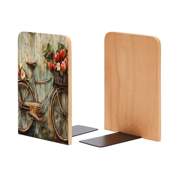 Bookends 1 Pair Non-Skid Bookend Wood Bookends for Shelves Book Stand for CDs - Old Bicycle And Basket Full of Apples