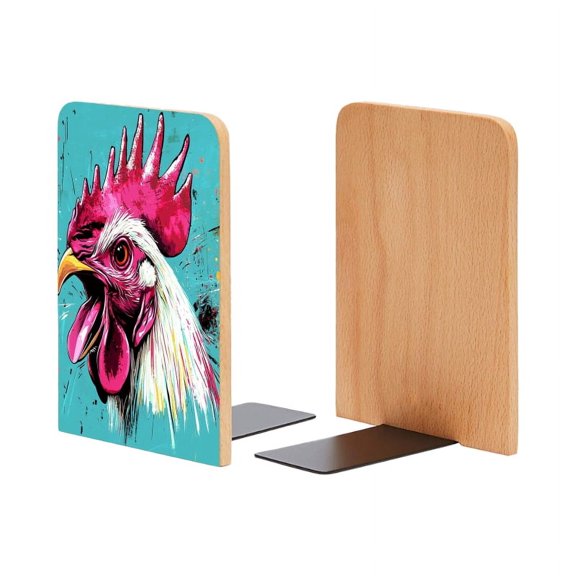 Bookends 1 Pair Non-Skid Bookend Wood Bookends for Shelves Book Stand for CDs - Pink Rooster'S Head