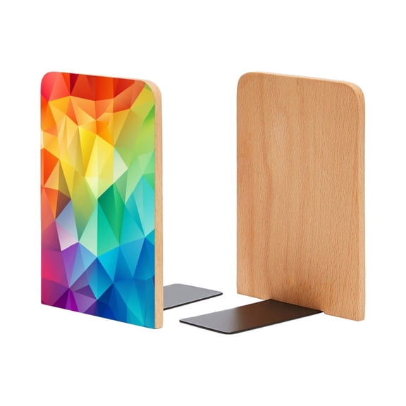 Bookends 1 Pair Non-Skid Bookend Wood Bookends for Shelves Book Stand for CDs - Rainbow Color Low Poly Triangles