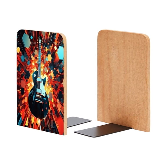 Bookends 1 Pair Non-Skid Bookend Wood Bookends for Shelves Book Stand for CDs - Red And Black Guitar With Energy Grid Background