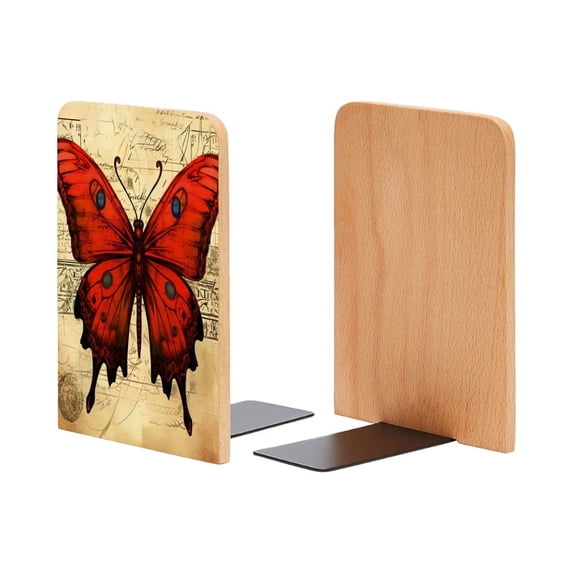 Bookends 1 Pair Non-Skid Bookend Wood Bookends for Shelves Book Stand for CDs - Red Butterfly on A Vintage Background