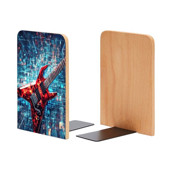 Bookends 1 Pair Non-Skid Bookend Wood Bookends for Shelves Book Stand for CDs - Red Electric Guitar With Energy Grid Background