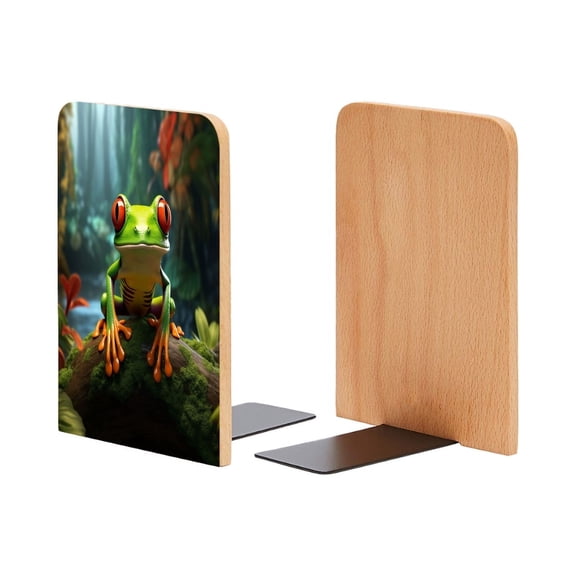 Bookends 1 Pair Non-Skid Bookend Wood Bookends for Shelves Book Stand for CDs - Red-Eyed Tree Frog Sitting on Mossy Log