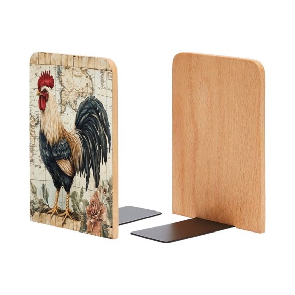 Bookends 1 Pair Non-Skid Bookend Wood Bookends for Shelves Book Stand for CDs - Rooster With Colorful Feathers