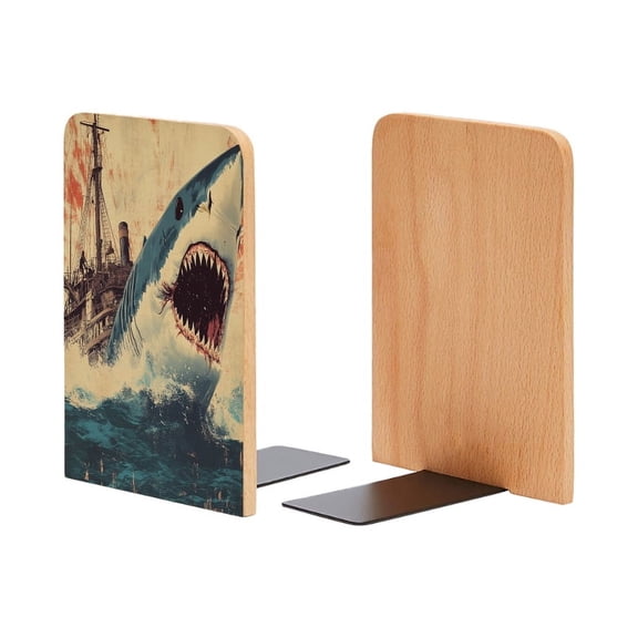 Bookends 1 Pair Non-Skid Bookend Wood Bookends for Shelves Book Stand for CDs - Shark Attacking Old Ship in Rough Sea