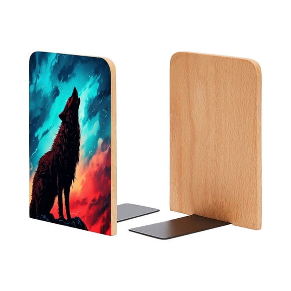 Bookends 1 Pair Non-Skid Bookend Wood Bookends for Shelves Book Stand for CDs - Silhouette of Howling Wolf in Front of Night Sky