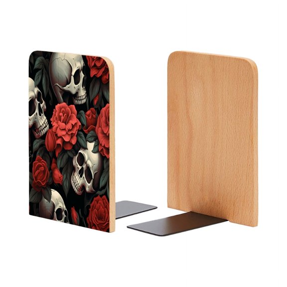 Bookends 1 Pair Non-Skid Bookend Wood Bookends for Shelves Book Stand for CDs - Skulls And Red Roses in The Style of Vector Art