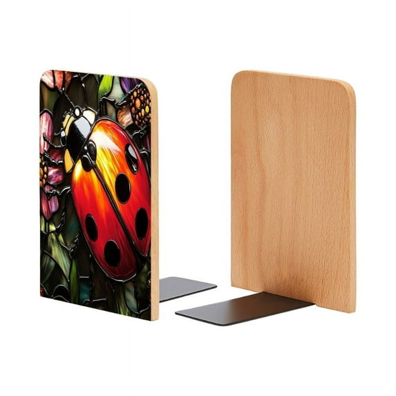 Bookends 1 Pair Non-Skid Bookend Wood Bookends for Shelves Book Stand for CDs - Stained Glass Ladybug on Floral Background