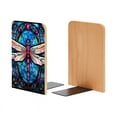 thumbnail image 1 of Bookends 1 Pair Non-Skid Bookend Wood Bookends for Shelves Book Stand for CDs - Stained Glass of Pink Dragonfly With Flowers in The Background, 1 of 7